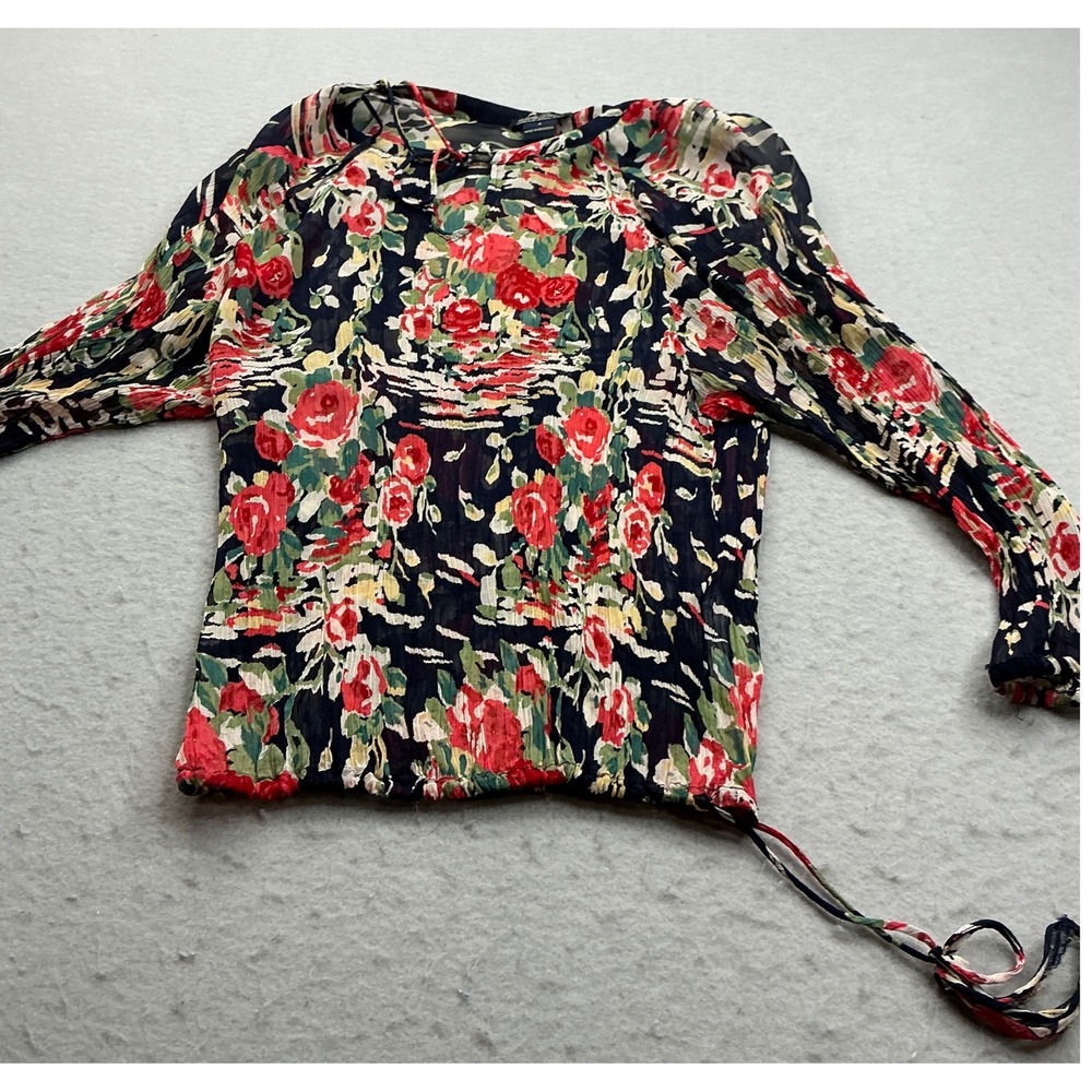 Lucky Brand Vintage Floral Crinkle Blouse Side Tie Red‎ Rose Small Boho Top